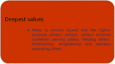 Flowchart: Alternate Process: Deepest values   •	Need to remind myself that the higher purpose always, always, always involves somehow serving others. Helping others. Entertaining, enlightening and perhaps educating others.        